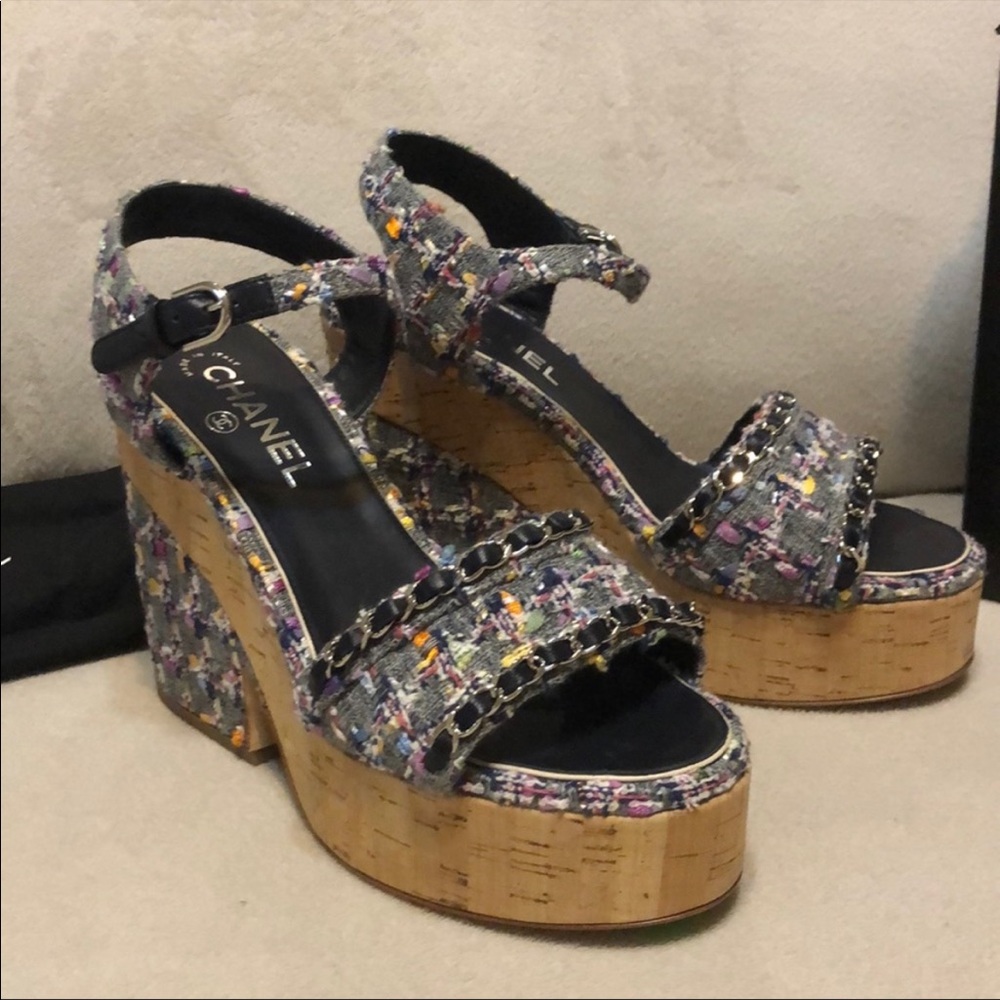 Chanel Chain Blue Grey Tweed Cork Wedges 40 10 - excellent condition